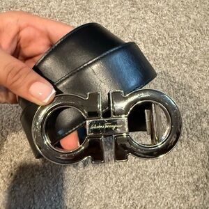 Salvatore Ferragamo Black Leather Belt with Silver Buckle